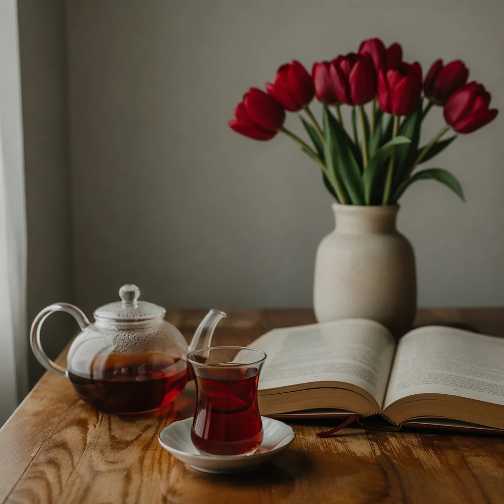 Open Book and Tea on Oak Table