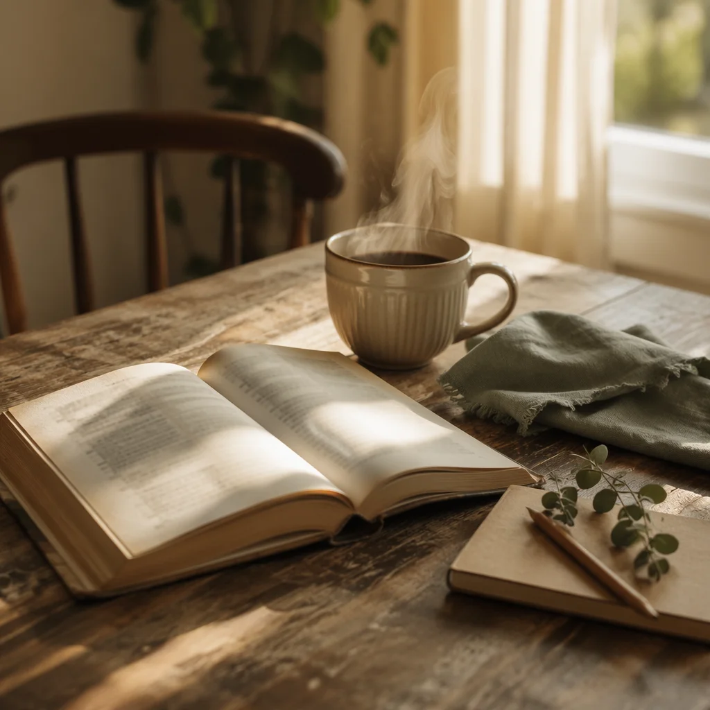 Open Book and Tea on Wooden Table