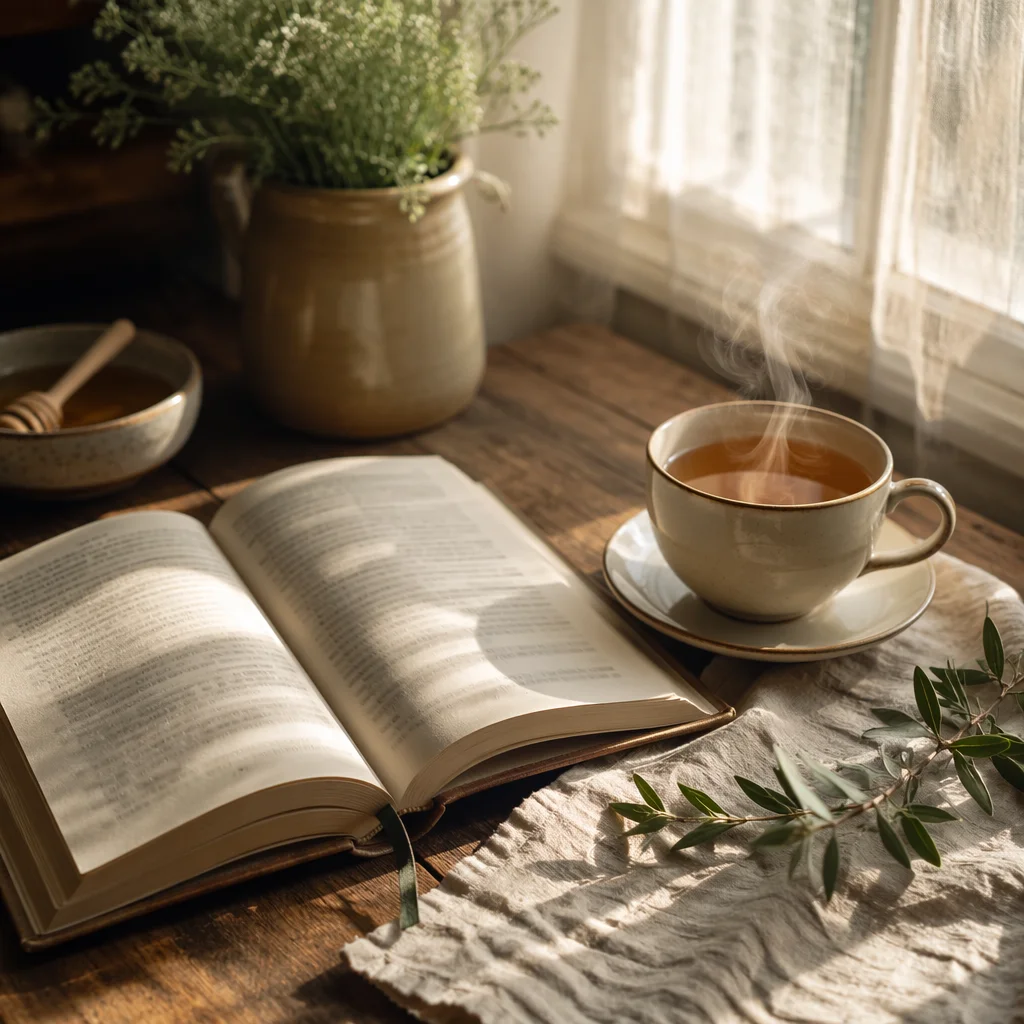 Open Book and Tea on Table