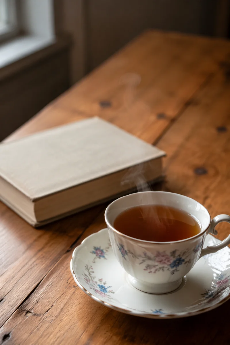 Steaming Tea Cup on Wooden Table