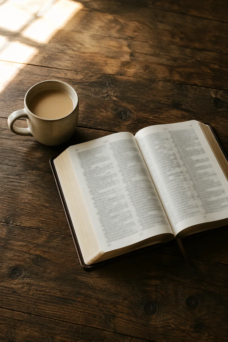Open Book and Tea on Wooden Table