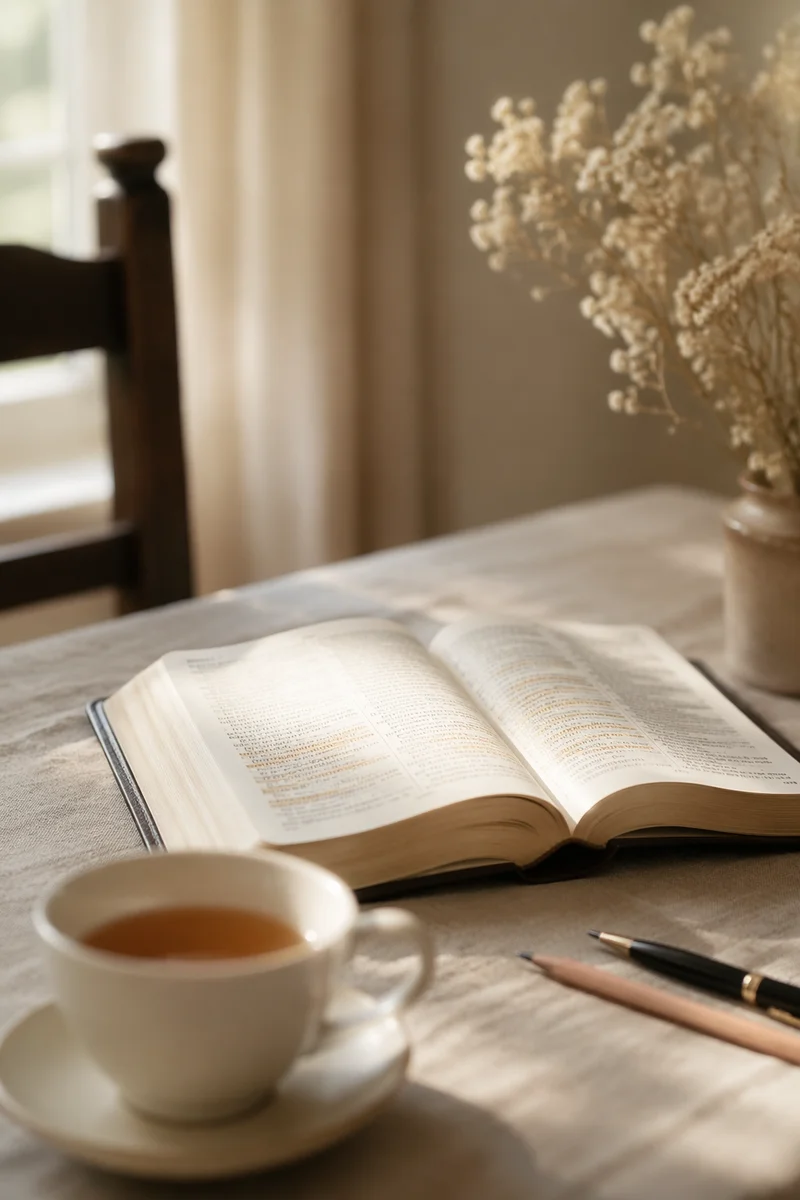 Open Book and Tea on Linen Table