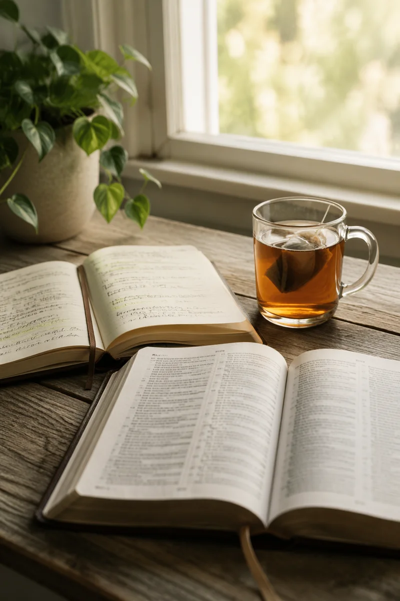 Open Books and Tea on Wooden Table