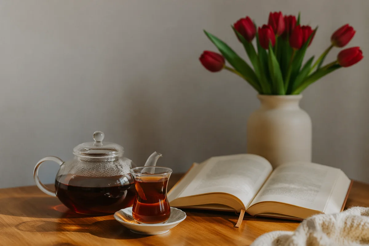 Open Book and Tea on Oak Table