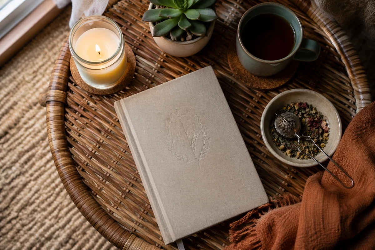 Tea Journal Flat Lay on Rattan Table