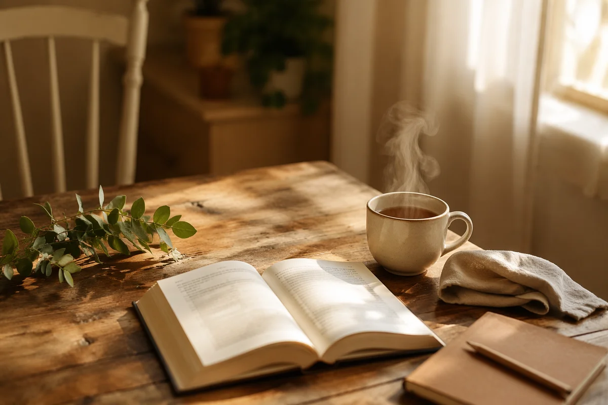 Open Book and Tea on Wooden Table