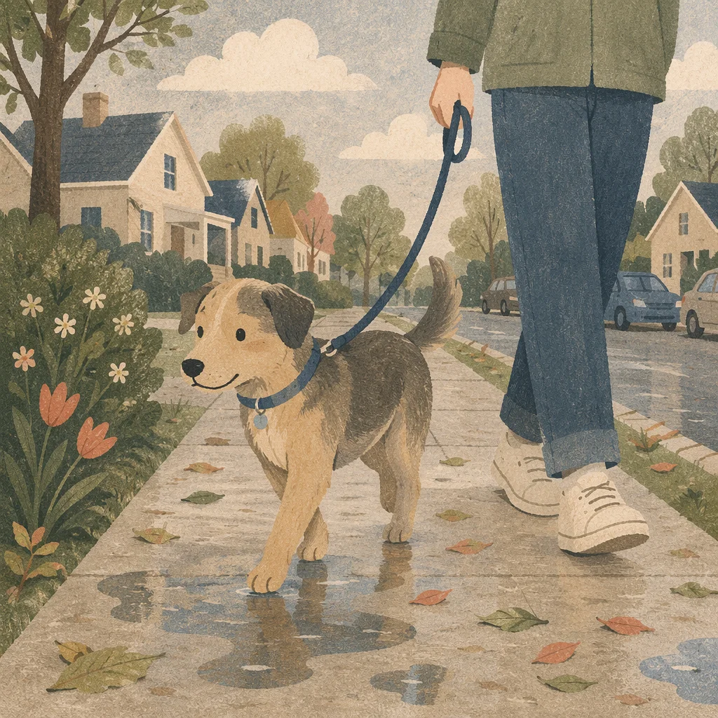 Dog Walking on Rainy Neighborhood Sidewalk