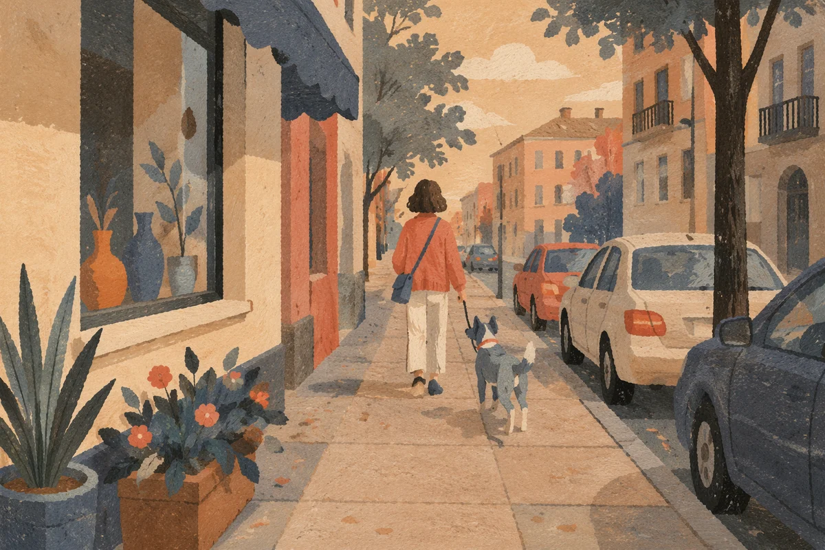 Dog Walking on Quiet Neighborhood Sidewalk