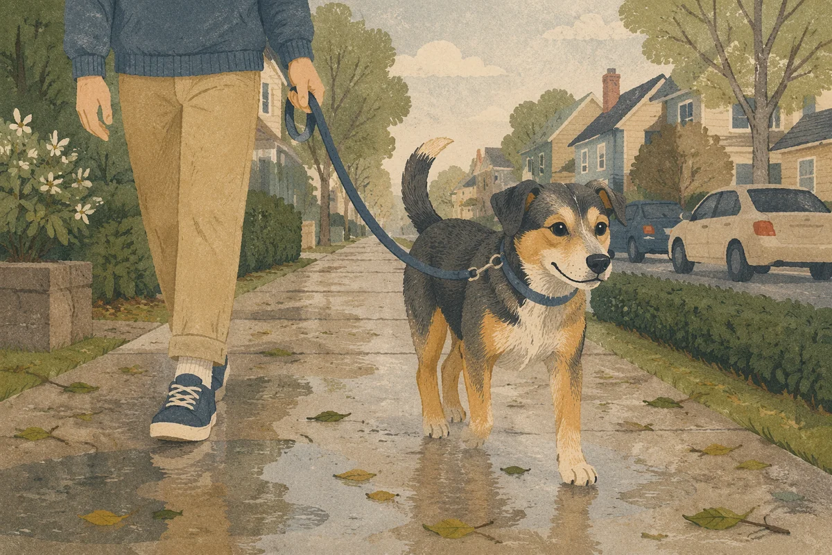 Morning Dog Walk on Quiet Sidewalk