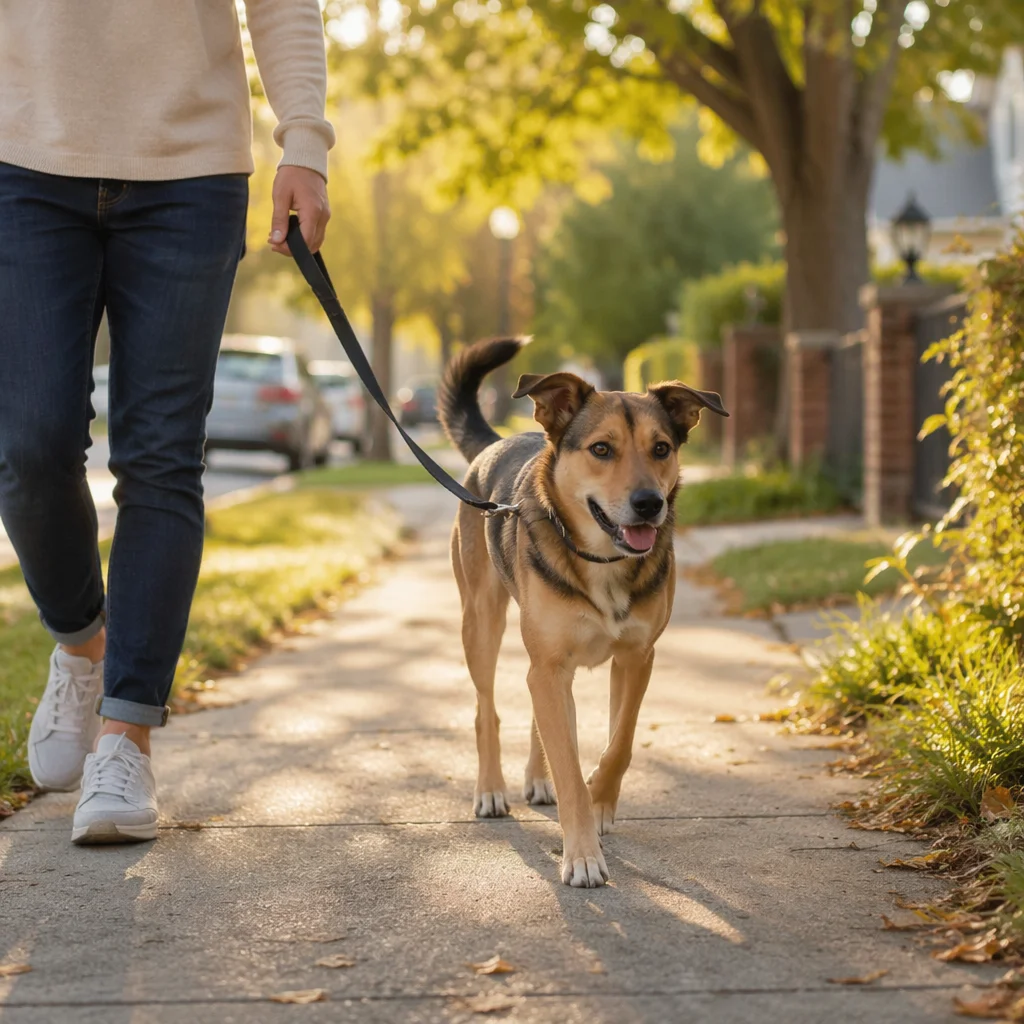 Calm Dog Walk on Neighborhood Sidewalk