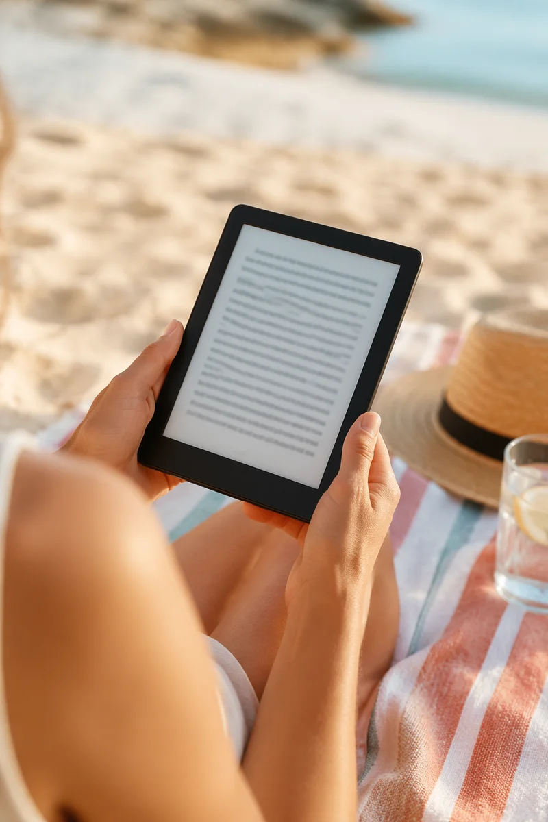 Vacation Reading With Ebook Reader on Beach