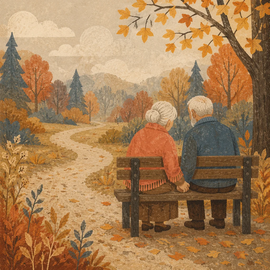 Elderly Couple Praying on Autumn Park Bench
