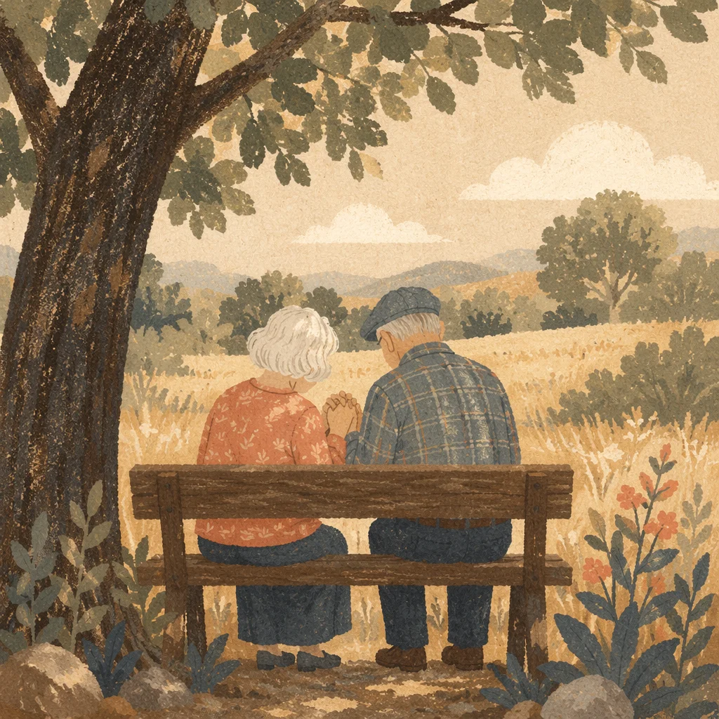 Elderly Couple Praying on Park Bench