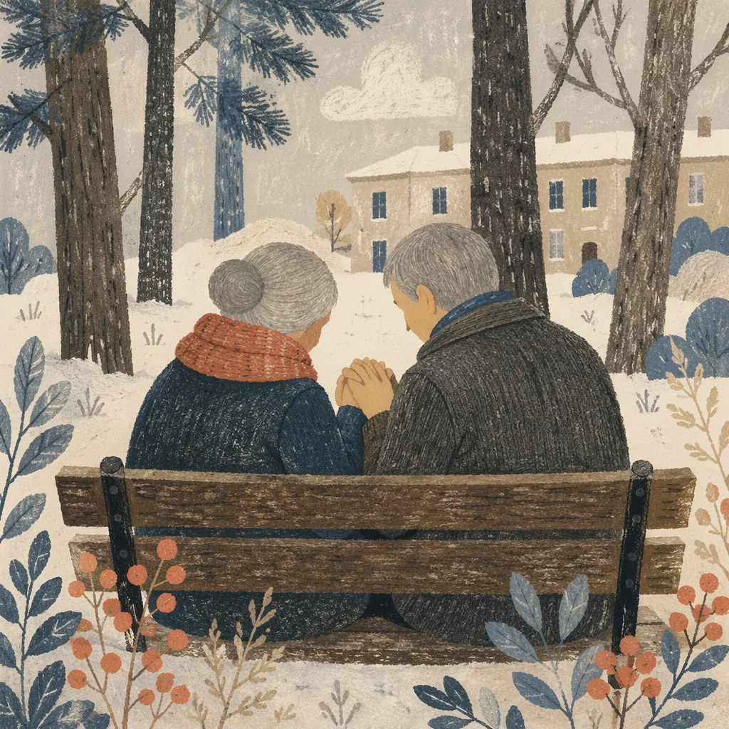 Elderly Couple Praying on Winter Park Bench