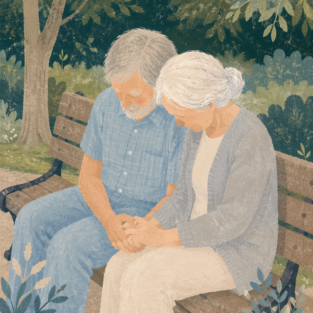 Elderly Couple Praying on Park Bench