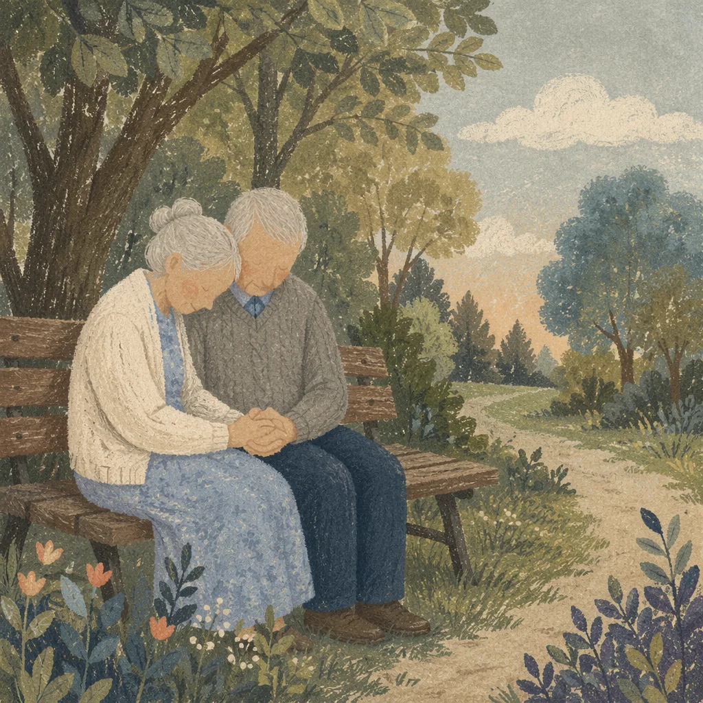 Elderly Couple Praying on Park Bench