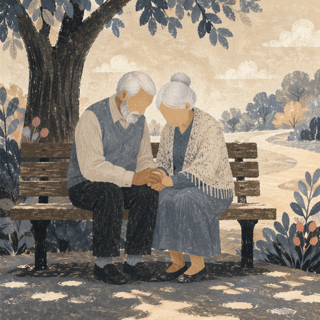 Elderly Couple Praying on Park Bench