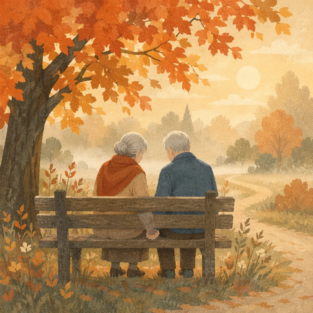 Elderly Couple Praying on Autumn Park Bench
