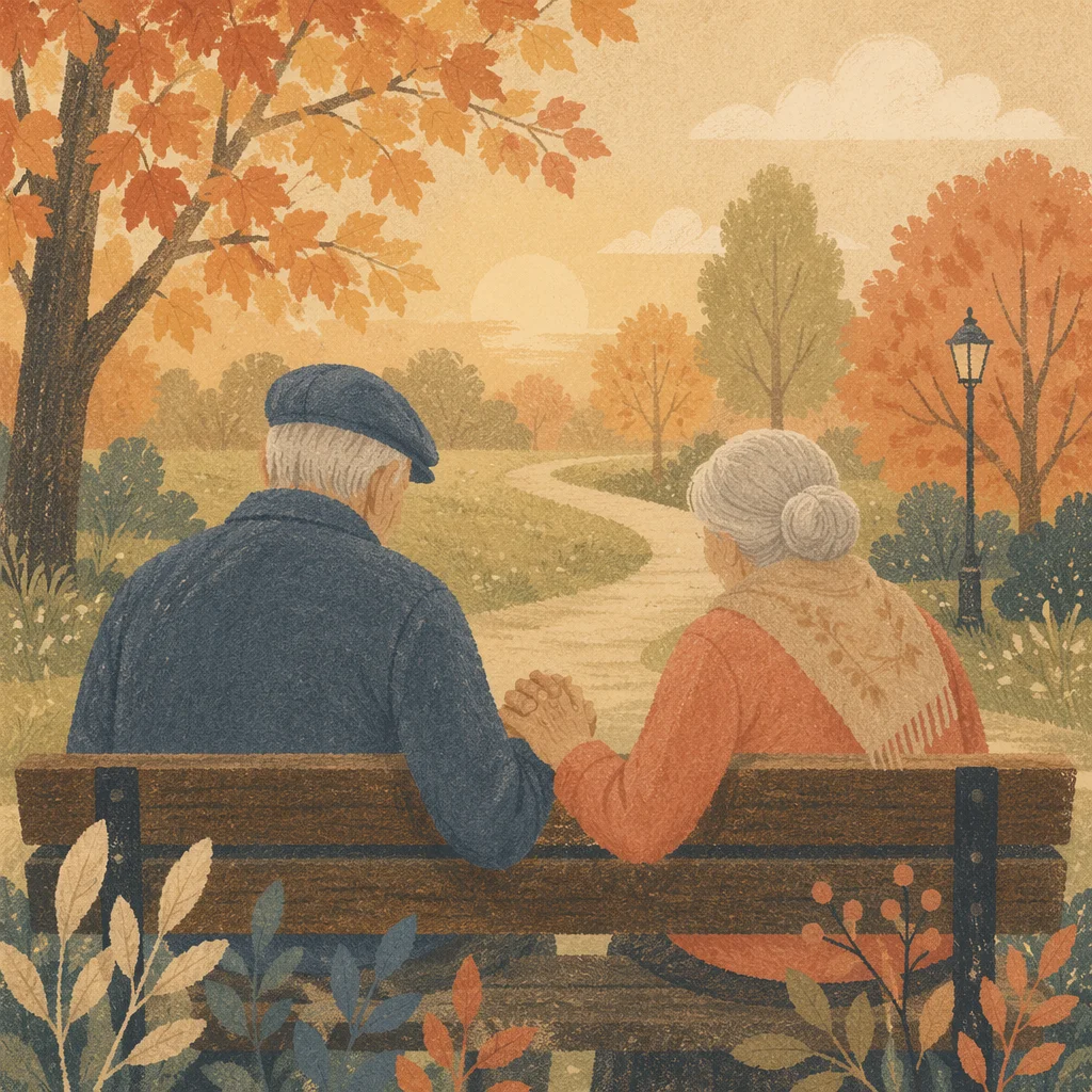 Elderly Couple Praying on Autumn Park Bench