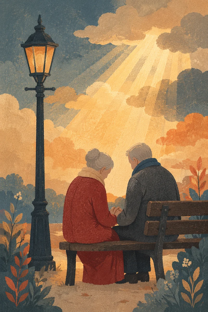 Elderly Couple Praying on Park Bench
