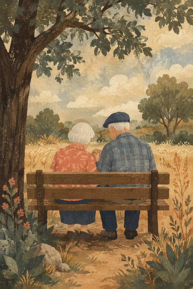 Elderly Couple Praying on Park Bench