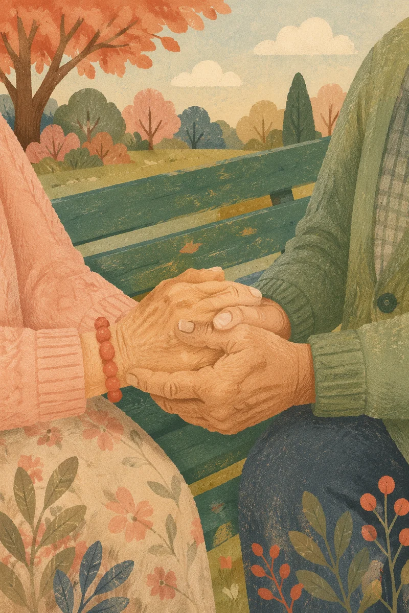Elderly Couple Praying Together on Park Bench