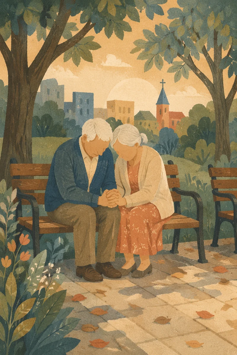 Elderly Couple Praying on Park Bench