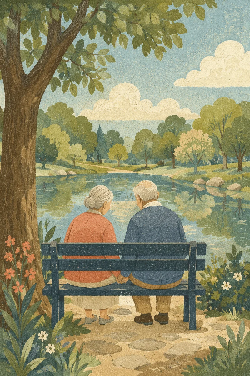 Elderly Couple Praying on Park Bench