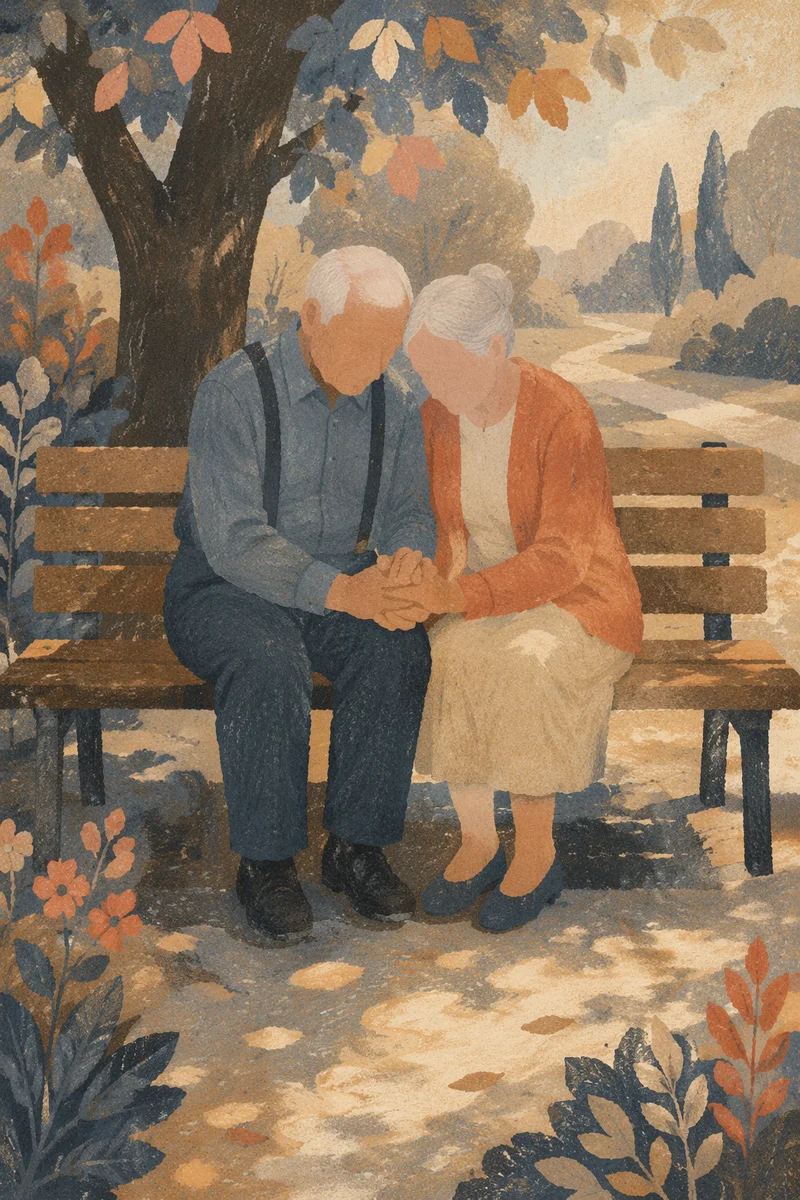 Elderly Couple Praying on Park Bench