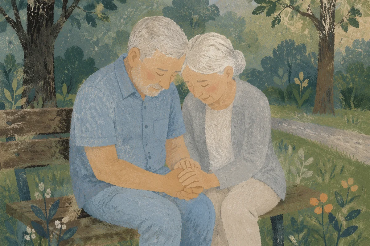 Elderly Couple Praying on Park Bench