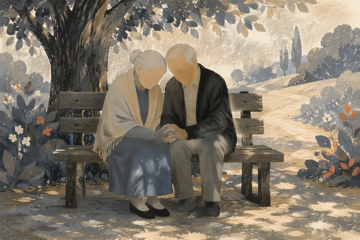 Elderly Couple Praying on Park Bench