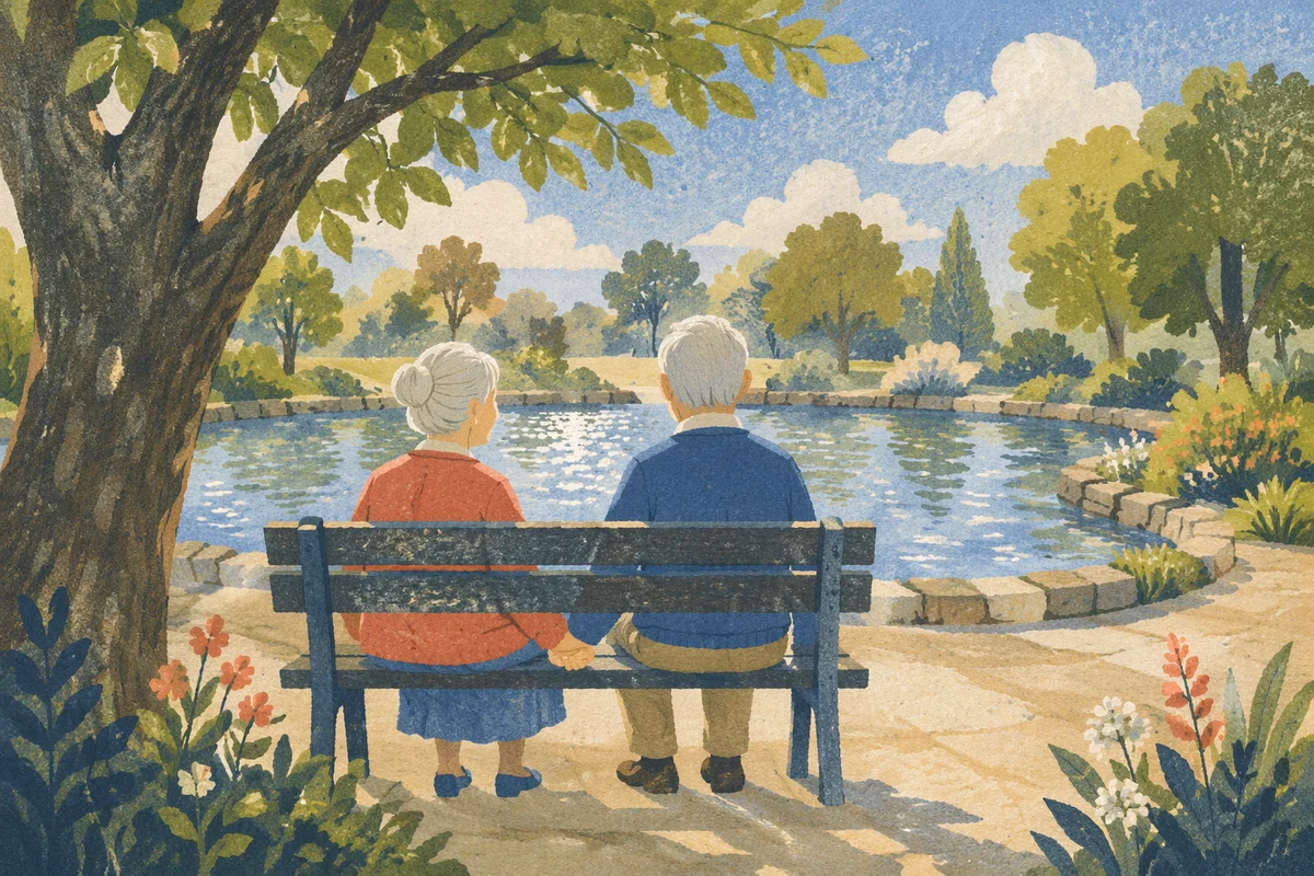 Elderly Couple Praying on Park Bench