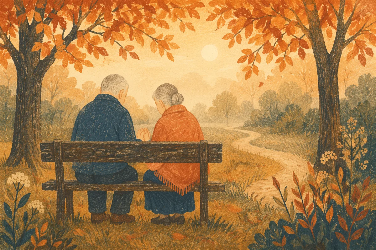Elderly Couple Praying on Autumn Park Bench