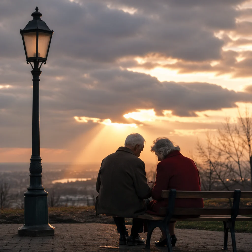 Elderly Couple Praying on Park Bench