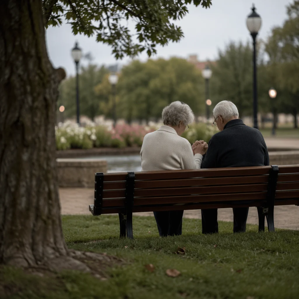 Elderly Couple Praying on Park Bench