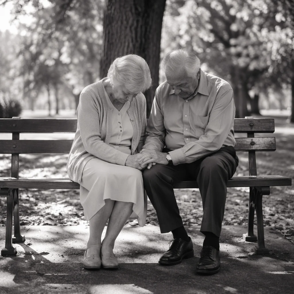 Elderly Couple Praying on Park Bench