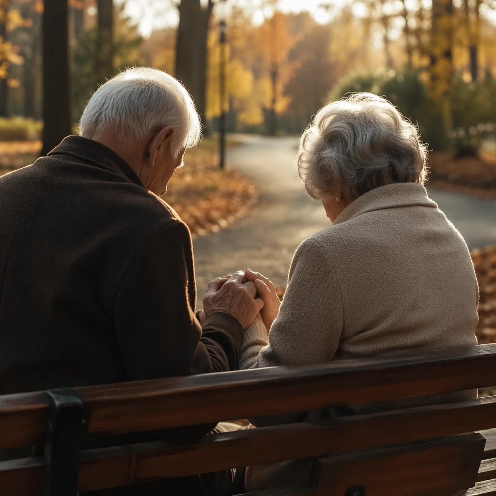 Elderly Couple Praying on Park Bench