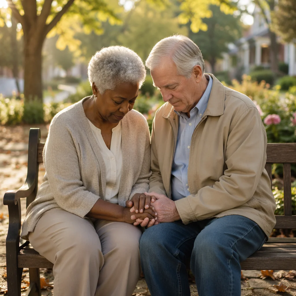 Elderly Couple Praying on Park Bench
