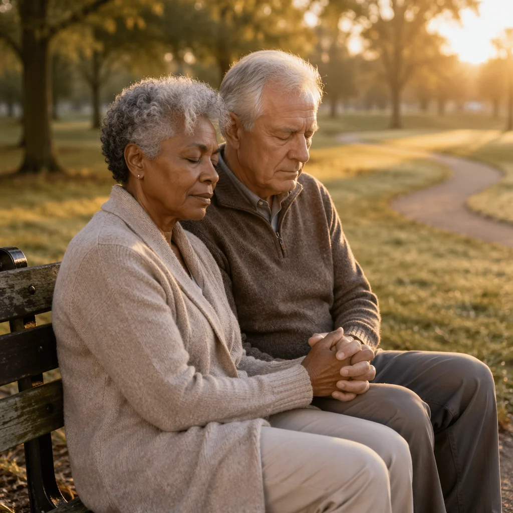 Elderly Couple Praying on Park Bench