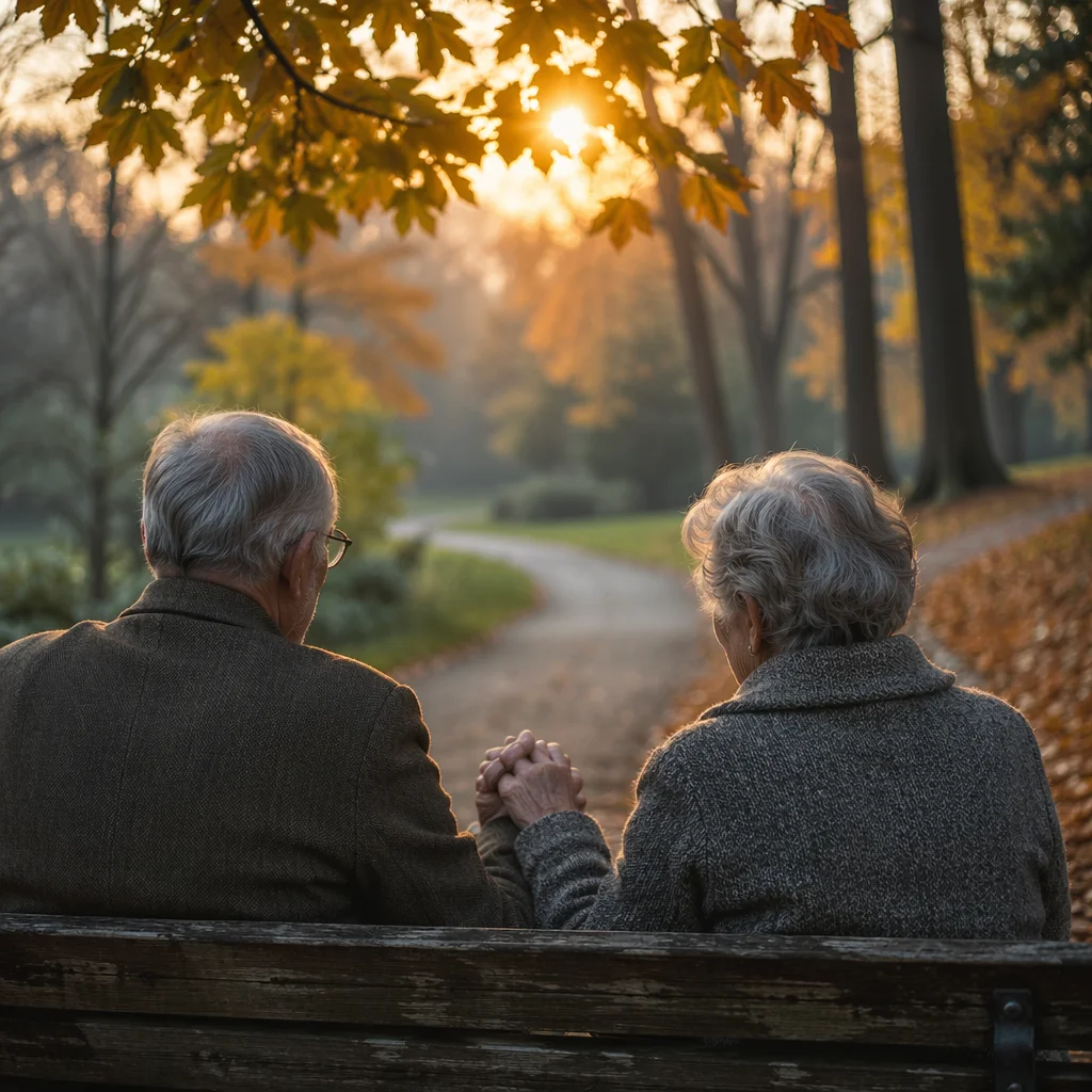 Elderly Couple Praying on Autumn Park Bench