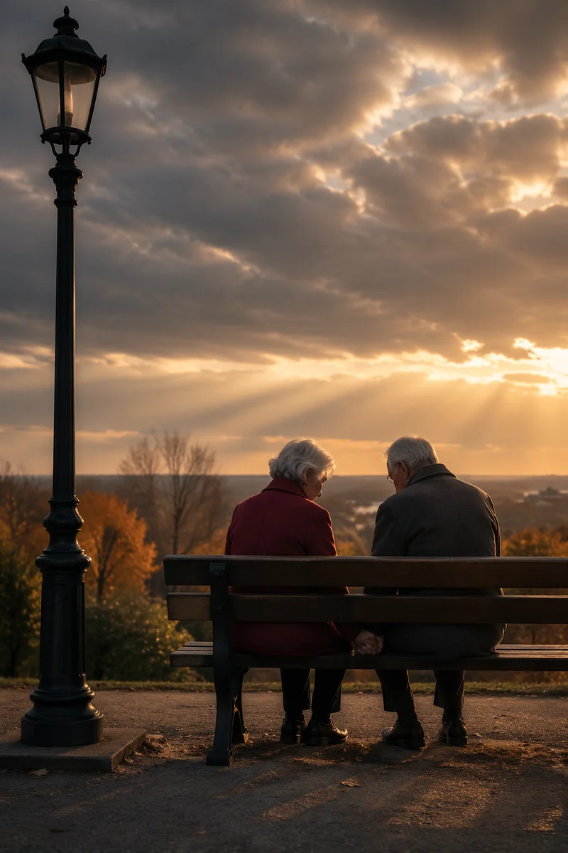 Elderly Couple Praying on Park Bench