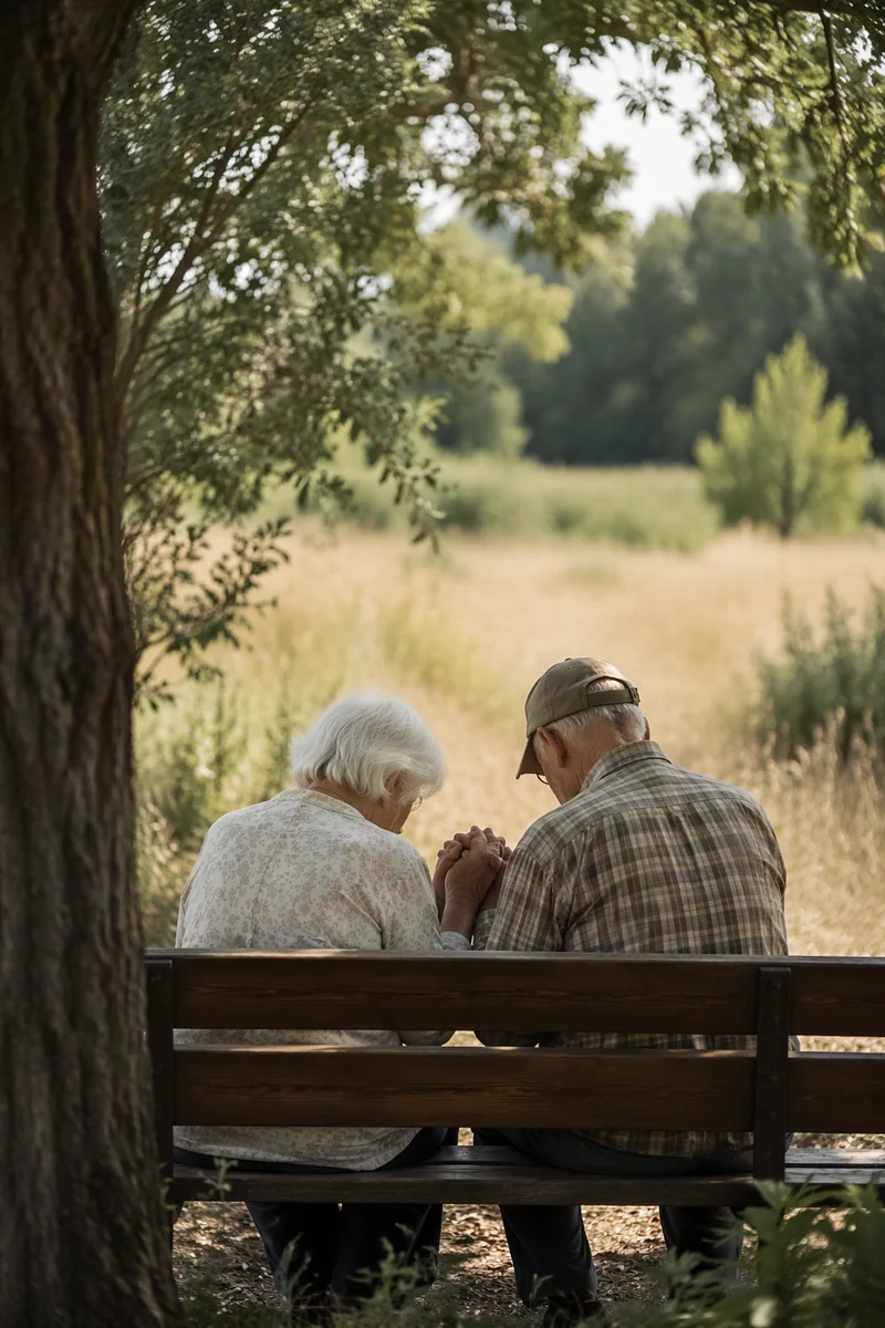 Elderly Couple Praying on Park Bench