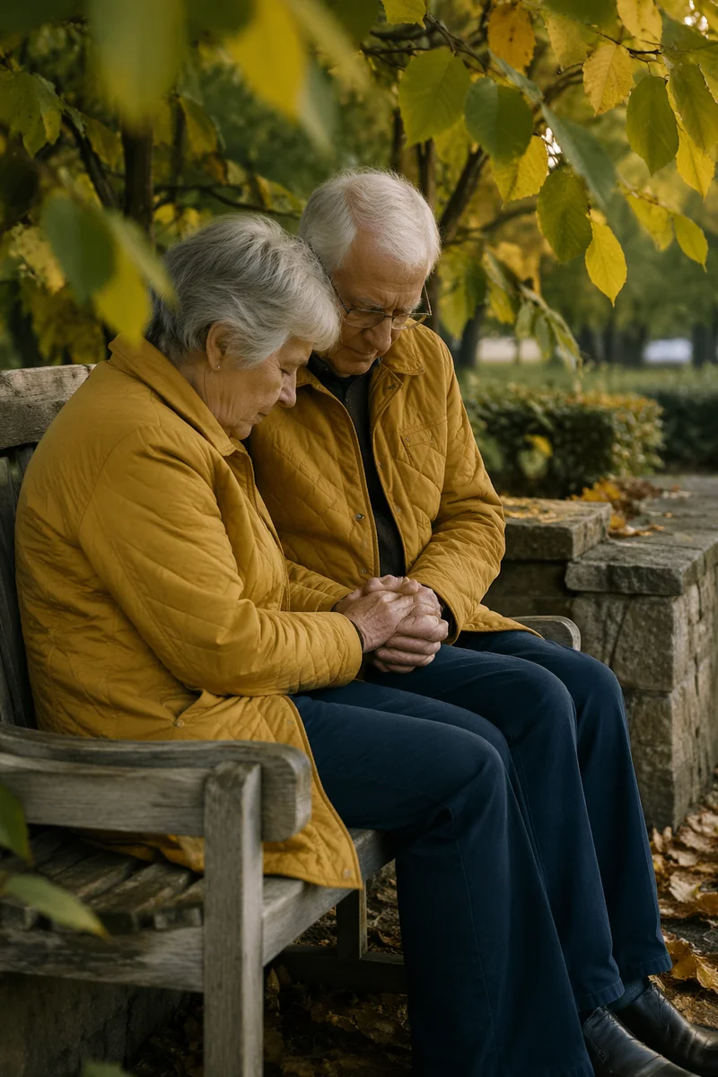 Elderly Couple Praying on Autumn Park Bench