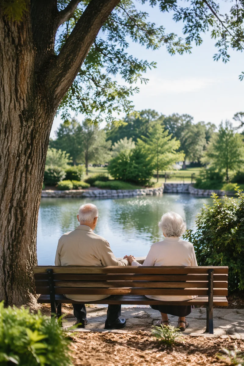 Elderly Couple Praying by Peaceful Pond