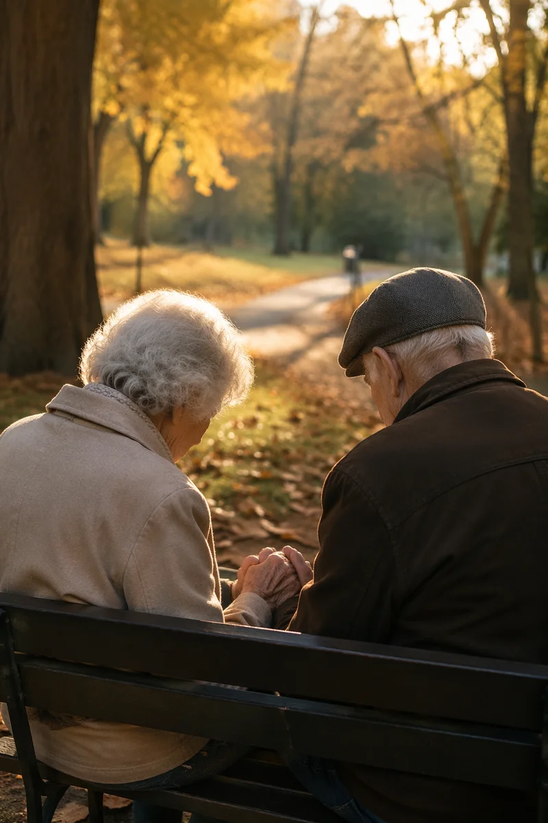 Elderly Couple Praying on Park Bench