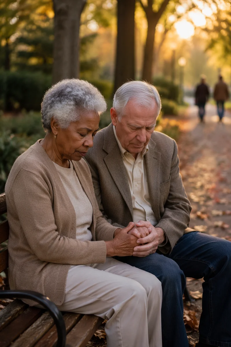 Elderly Couple Praying on Park Bench