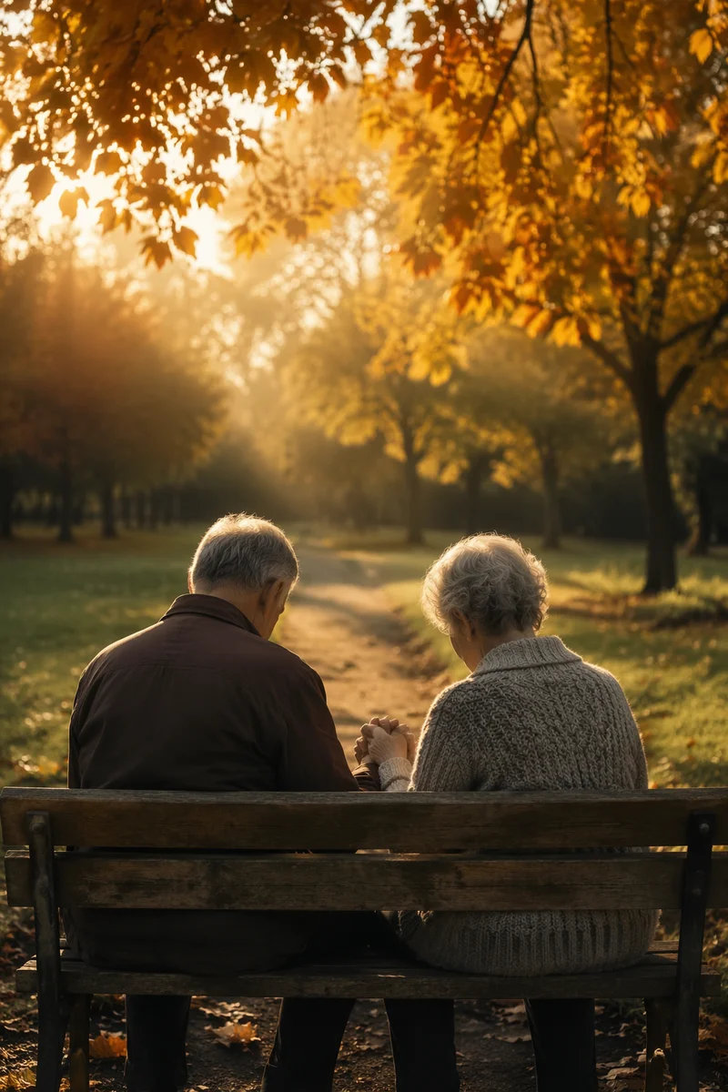 Elderly Couple Praying on Autumn Park Bench