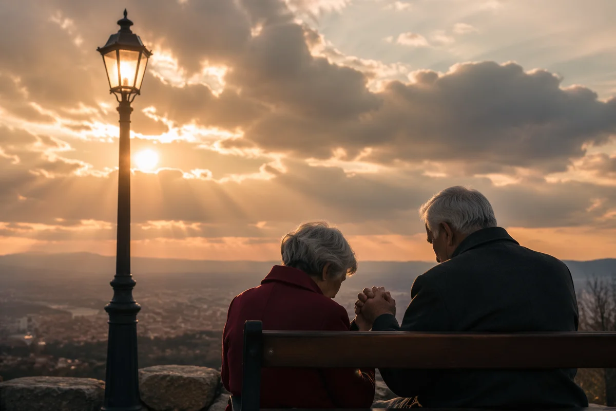 Elderly Couple Praying on Park Bench