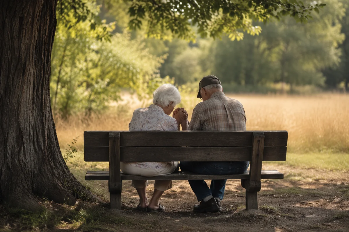 Elderly Couple Praying on Park Bench