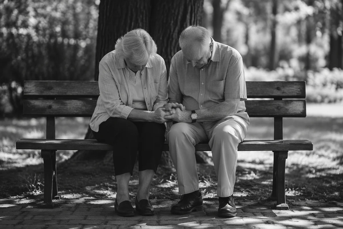 Elderly Couple Praying on Park Bench